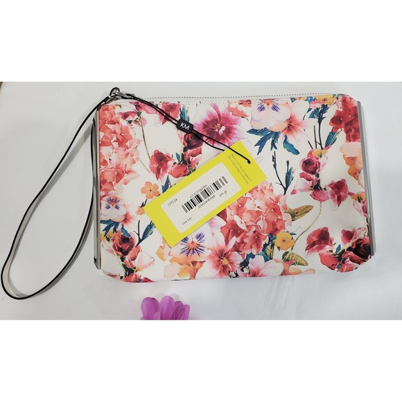 Karen Millen Floral Clutch Wristlet Bag Cream Pink Roses Designer Evening - Picture 3 of 14